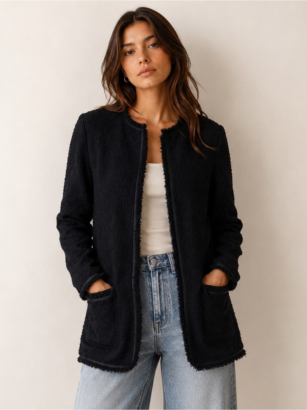 Max Studio Black Bouclé Open-Front Fringe Tweed Jacket Size 1X